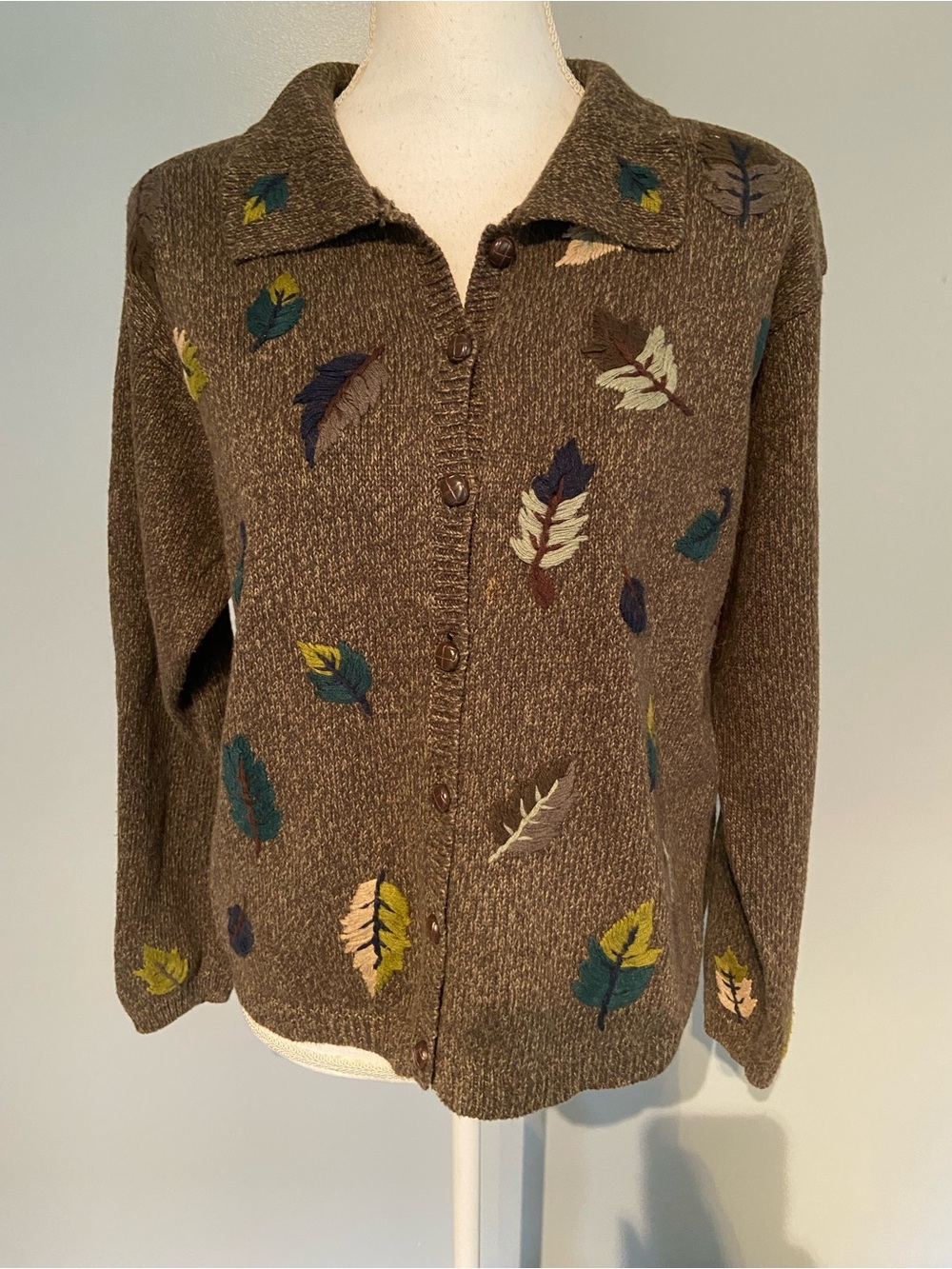 Brown embroidered Feather button Cardigan Sweater